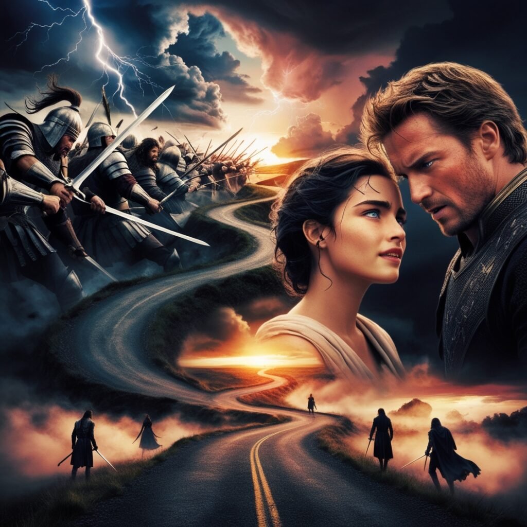 concept art for compelling plot with army on right hand side a winding road in the center and a struggling couple on the right