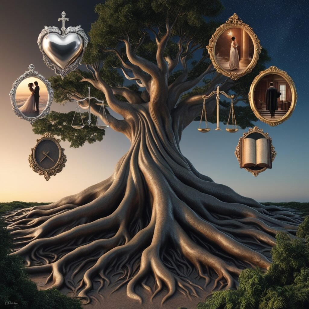 art that represents strong themes using a tree and icons that represent multiple perspectives