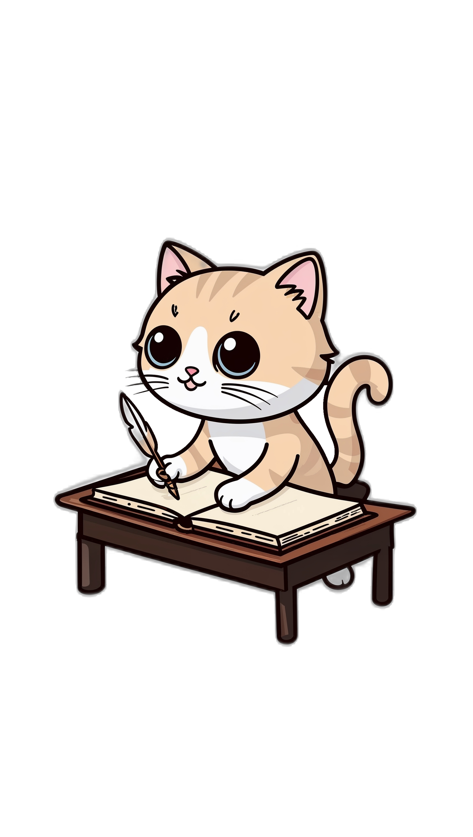 chibi cat writing in a book on a table